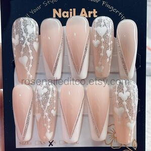 Press-On Nails with Silver Glitter and White Mickey Head Icons and Hearts